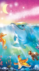 Preview wallpaper dolphin, sea, underwater, moon, art