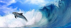 Preview wallpaper dolphin, waves, light, jump