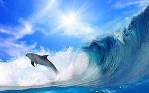 Preview wallpaper dolphin, waves, light, jump