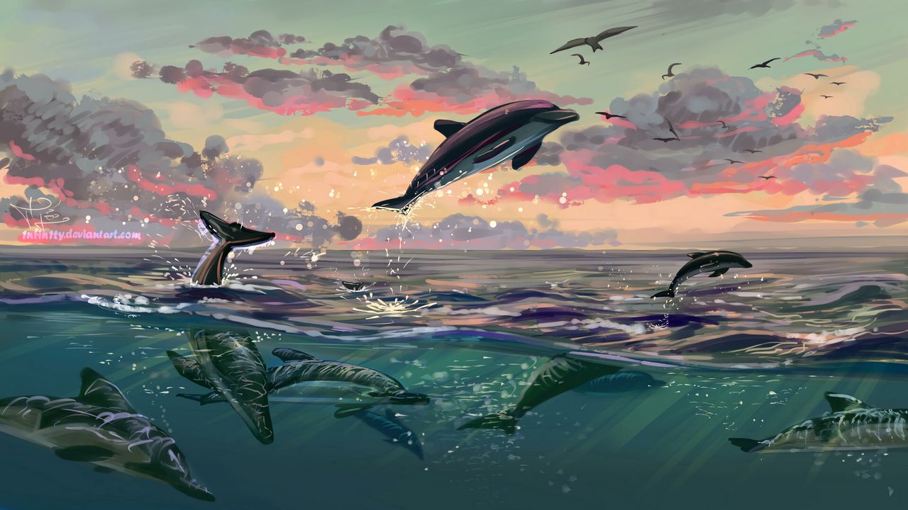 Wallpaper dolphins, jump, water, art, sea