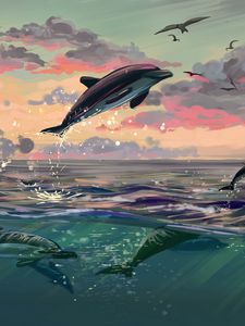 Preview wallpaper dolphins, jump, water, art, sea