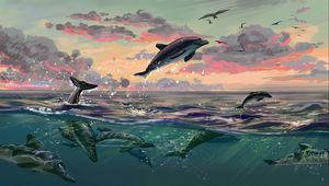 Preview wallpaper dolphins, jump, water, art, sea