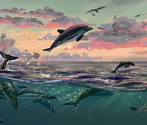 Preview wallpaper dolphins, jump, water, art, sea