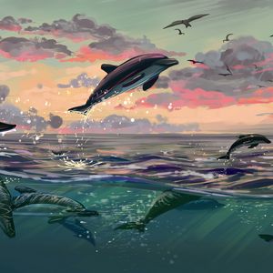 Preview wallpaper dolphins, jump, water, art, sea