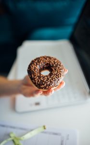 Preview wallpaper donut, chocolate, dessert, hand, blur