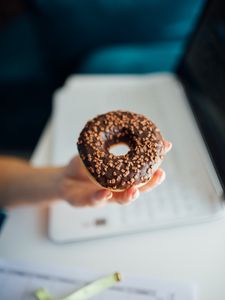Preview wallpaper donut, chocolate, dessert, hand, blur