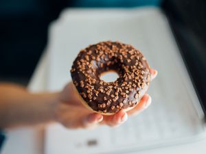 Preview wallpaper donut, chocolate, dessert, hand, blur