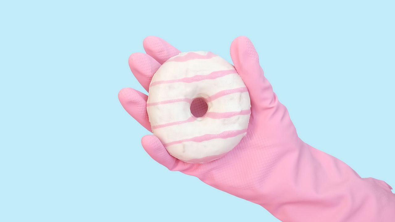 Wallpaper donut, hand, glove, minimalism