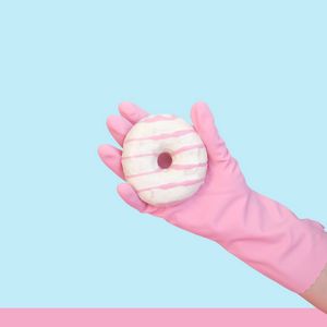 Preview wallpaper donut, hand, glove, minimalism