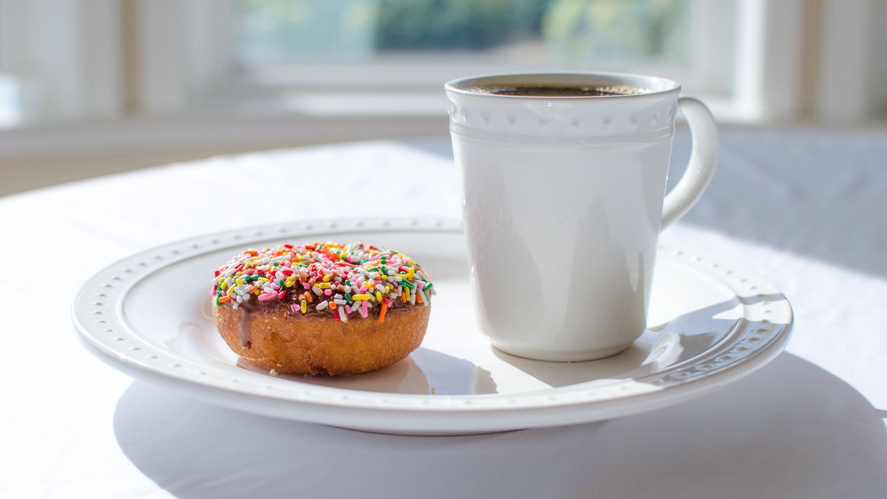 Wallpaper donut, sprinkling, dessert, cup, tea