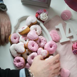 Preview wallpaper donuts, glaze, dessert, pink, hand