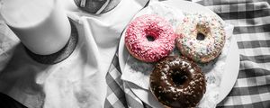 Preview wallpaper donuts, milk, icing, tablecloth