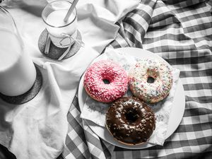 Preview wallpaper donuts, milk, icing, tablecloth