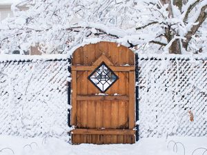 Preview wallpaper door, fence, snow, winter, tree