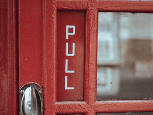 Preview wallpaper door, red, inscription, handle