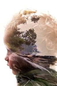 Preview wallpaper double exposure, child, face, profile, nature