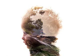 Preview wallpaper double exposure, child, face, profile, nature