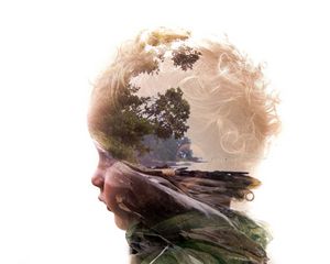 Preview wallpaper double exposure, child, face, profile, nature