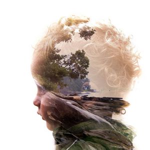 Preview wallpaper double exposure, child, face, profile, nature