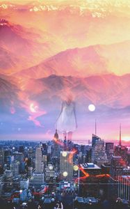 Preview wallpaper double exposure, city, girl, mountains, photoshop