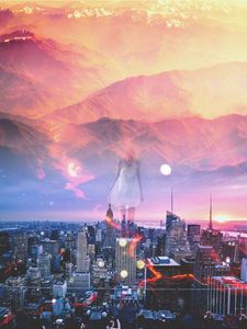 Preview wallpaper double exposure, city, girl, mountains, photoshop