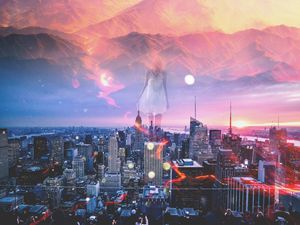 Preview wallpaper double exposure, city, girl, mountains, photoshop