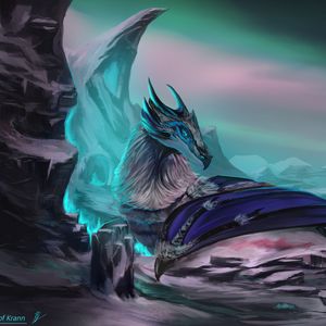 Preview wallpaper dragon, animal, rocks, fantasy, art