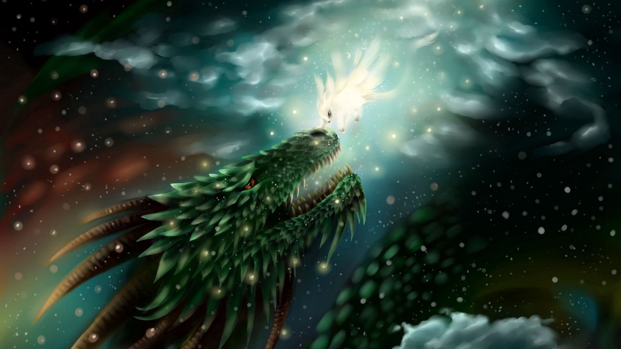 Wallpaper dragon, art, fiction, creature, glow, sparkles