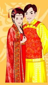 Preview wallpaper dragon, background, smile, couple, male, female, vector, dress