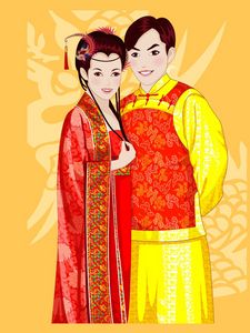 Preview wallpaper dragon, background, smile, couple, male, female, vector, dress