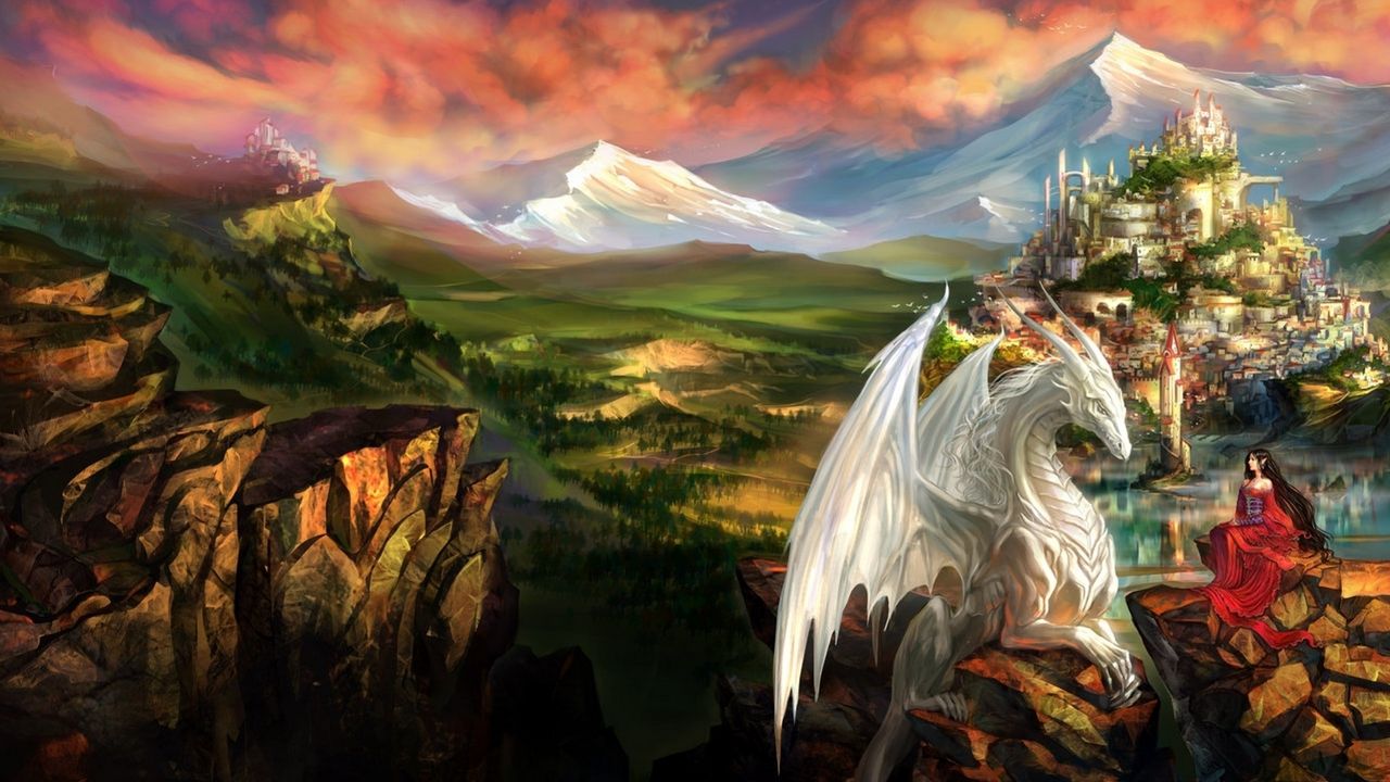 Wallpaper dragon, castle, princess, mountain landscape