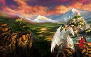 Preview wallpaper dragon, castle, princess, mountain landscape