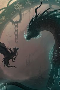 Preview wallpaper dragon, chain, cub, birds