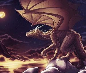 Preview wallpaper dragon, clouds, art, mountains, sky, nighttime