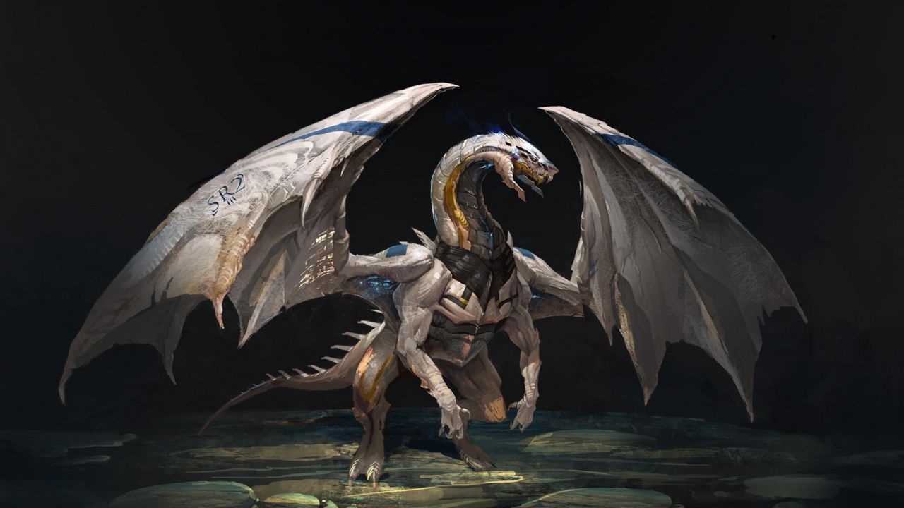 Wallpaper dragon, creature, wings, stones