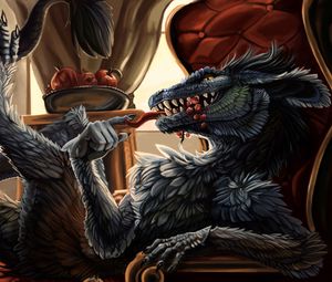 Preview wallpaper dragon, feathers, being, meal
