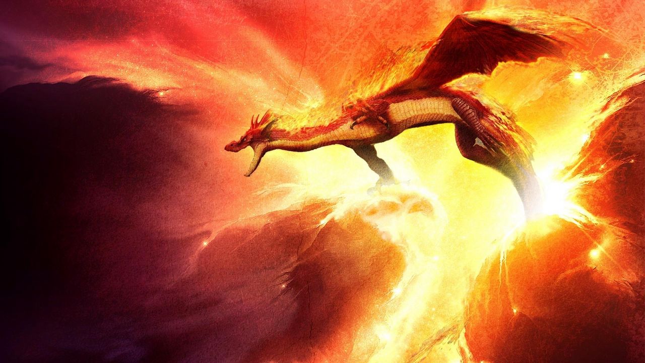 Wallpaper dragon, fire, sparkles, mouth