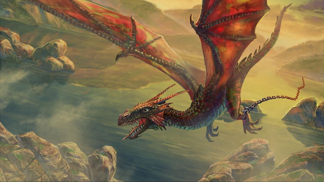 Wallpaper dragon, flying, chain, rock