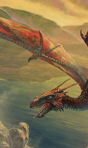Preview wallpaper dragon, flying, chain, rock