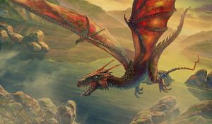 Preview wallpaper dragon, flying, chain, rock