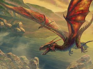 Preview wallpaper dragon, flying, chain, rock