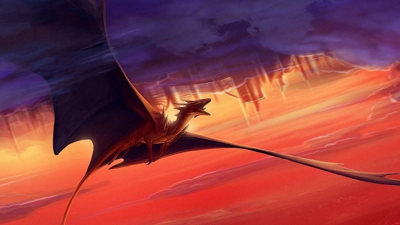 Wallpaper dragon, flying, sunset, clouds, sky