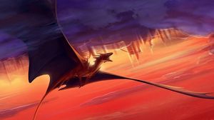 Preview wallpaper dragon, flying, sunset, clouds, sky