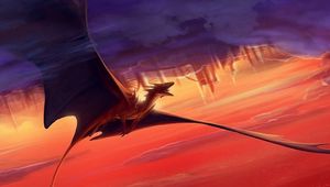 Preview wallpaper dragon, flying, sunset, clouds, sky