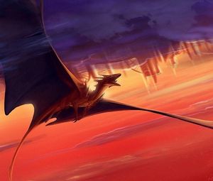 Preview wallpaper dragon, flying, sunset, clouds, sky