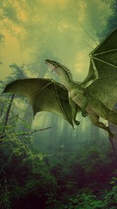 Preview wallpaper dragon, forest, fog, flight, photoshop
