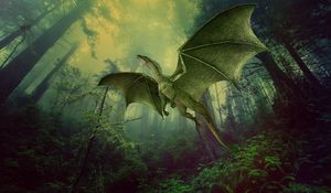 Preview wallpaper dragon, forest, fog, flight, photoshop