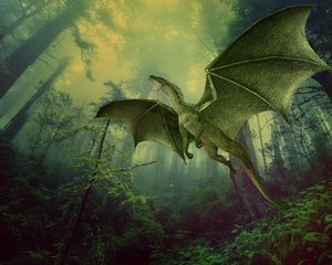 Preview wallpaper dragon, forest, fog, flight, photoshop