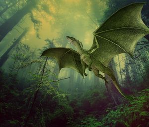 Preview wallpaper dragon, forest, fog, flight, photoshop