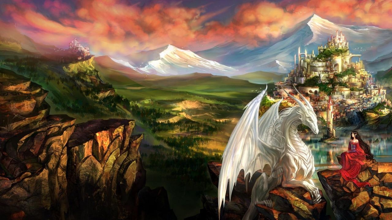 Wallpaper dragon, girl, elf, friendship, mountains, castle